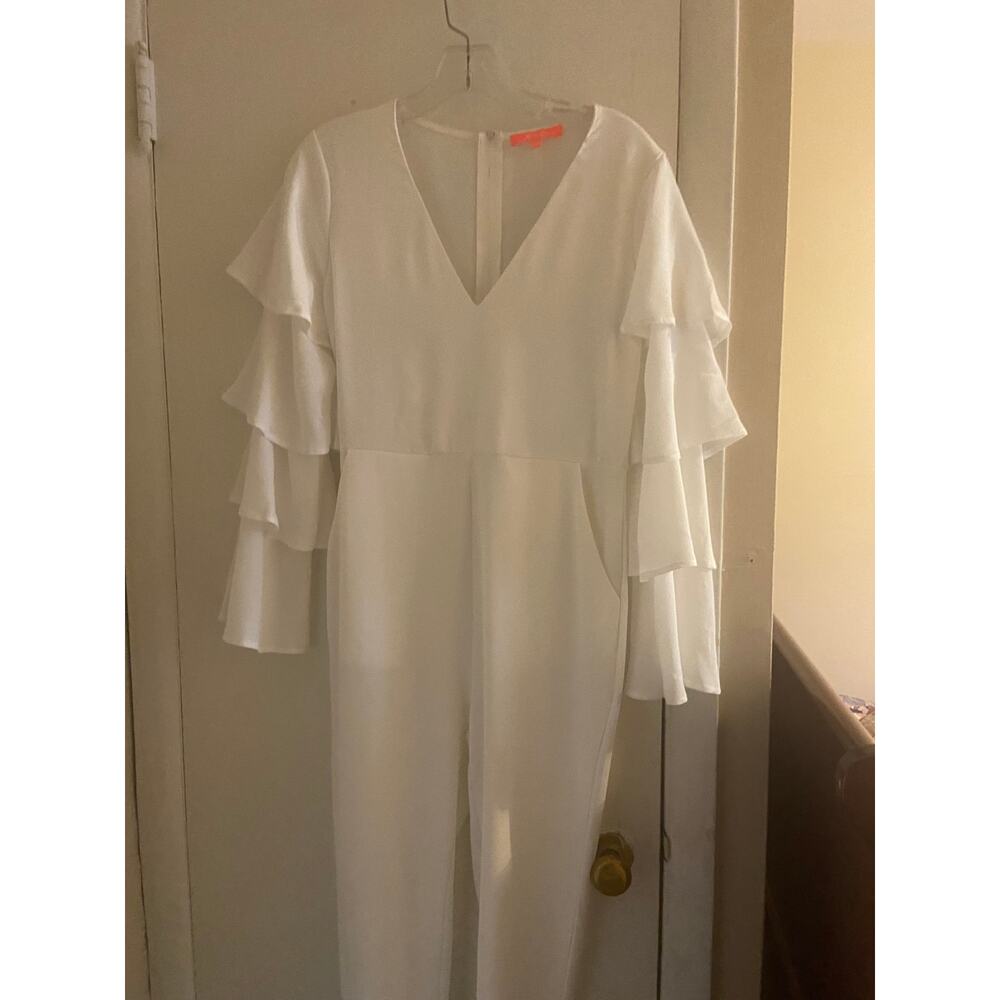 White long-sleeved poly/spandex jumpsuit